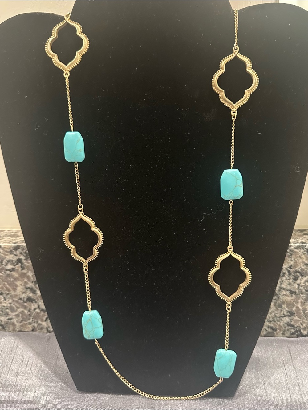 Gold Long Necklace with Turquoise Accent Stones